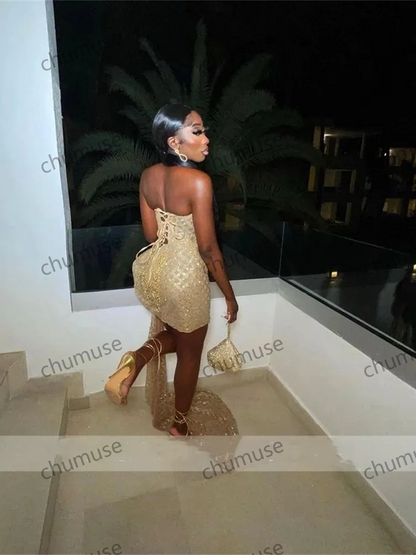 Gold Sweetheart Short Prom Dress For Black Girls Lace Up Birthday Party Dresses