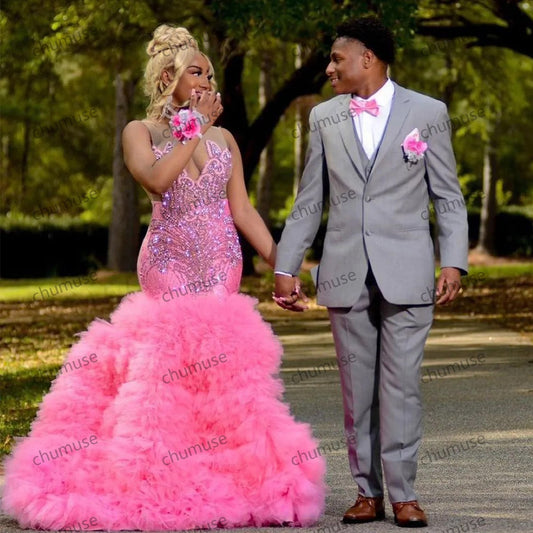 Vestido de fiesta rosa con escote en V, lentejuelas, capas de tul drapeado, plisado y espalda abierta con cristales