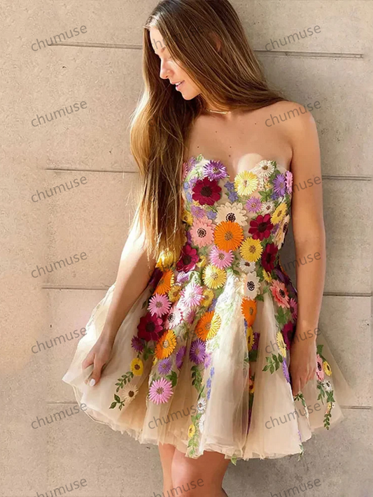 Customized Champagne Strapless Flowers Tulle Mini Prom Dresses Exquisite Sweetheart A Line Evening Party Graduation Gown