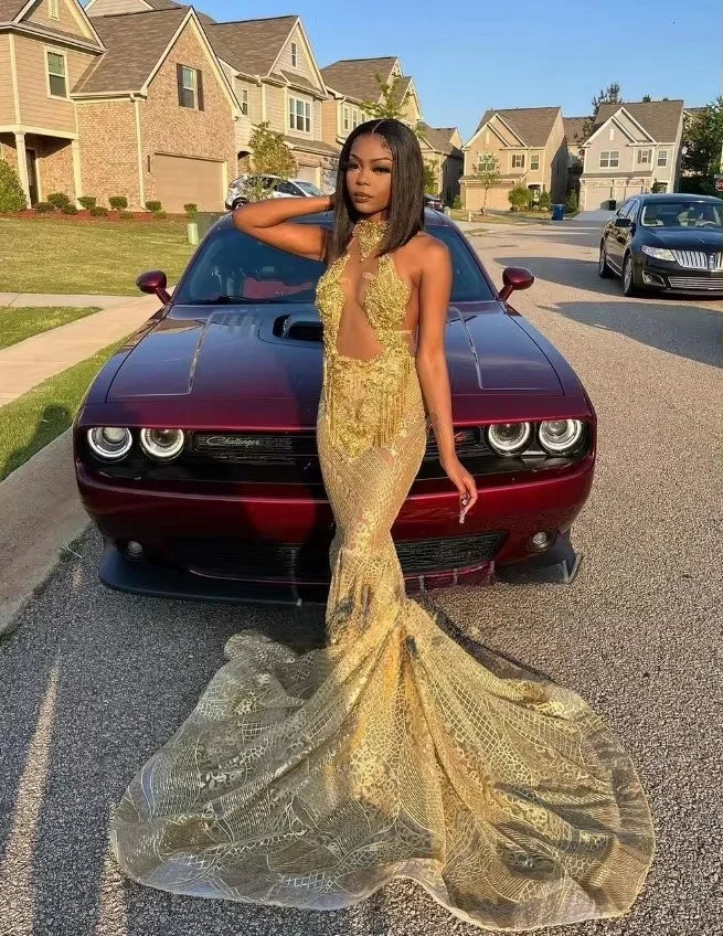 فساتين سهرة حورية البحر مثيرة مزينة بالترتر الذهبي مع زينة كريستالية لامعة وفتحات حورية البحر ومناسبات السهرة وأعياد الميلاد حسب الطلب