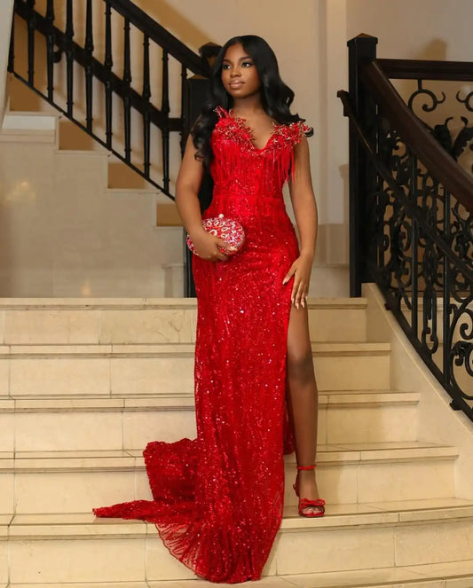 Design Fashion Sexy V Neck Glittering Sequins Evening Dress High Slit Luxury Beading Tassel Crystal Prom Dress Formal Party Gown