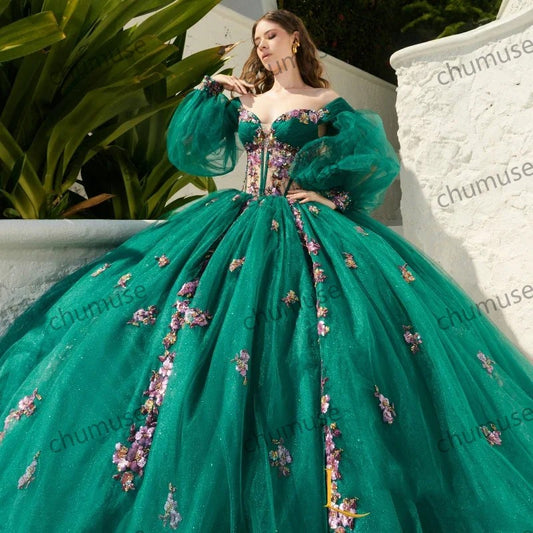Vestidos de princesa para 16 anos, quinceanera, ombro de fora, floral 3D, manga bufante, conjunto