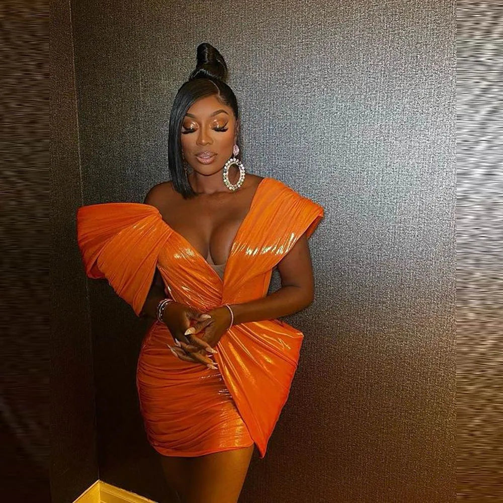 Orange Short Cocktail Dresses Pleats Off The Shoulder Sexy Black Girls Aso EbiEvening Party Dress Birthday Gowns For Photo Shoot