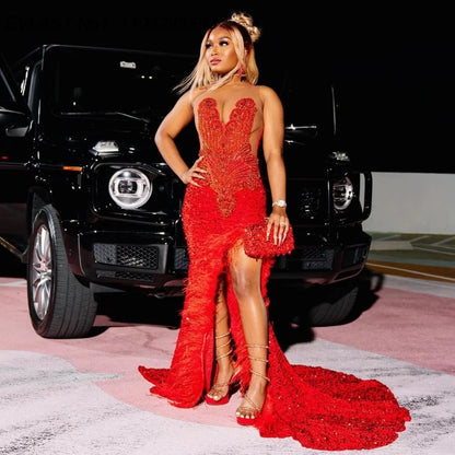 Customized 2025 Red Feather Mermaid Prom Dress Black Girl High Slit Crystal Beaded African Birthday Party Gown