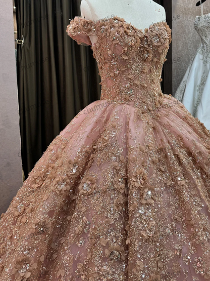 Novo design de vestido de baile com flores rosa e ombros de fora, bordado, vestidos de noite para casamento