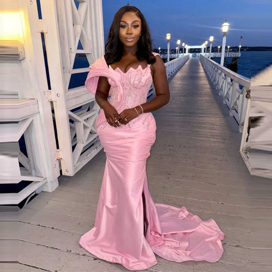 Pink Aso Ebi Prom Dresses With Appliques Lace Sequins Satin African Birthday Party Gowns Satin Side Slit Plus Size Evening Dress