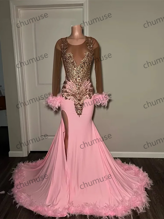 Vestidos de fiesta largos rosas con cuello redondo para niñas negras, con cuentas de cristal y plumas para fiesta de cumpleaños