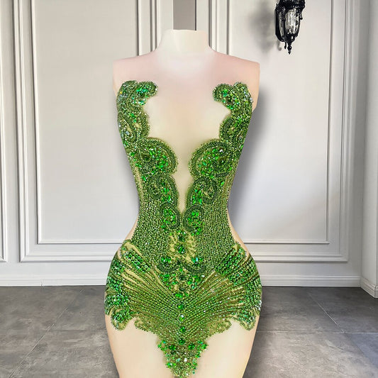 Novos vestidos formais sensuais transparentes para festa de aniversário femininos, luxuosos, verde-oliva brilhante, diamantes, pretos, vestidos curtos para baile de formatura