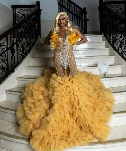 Lindos vestidos de baile sereia, decote transparente, apliques de renda, babados com miçangas, cauda, ​​vestidos de noite sem costas, vestidos formais para mulheres