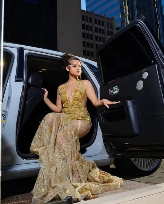 Vestidos longos de baile de sereia brilhantes dourados 2025, luxuosos, diamantes, transparentes, personalizados, para baile de aniversário