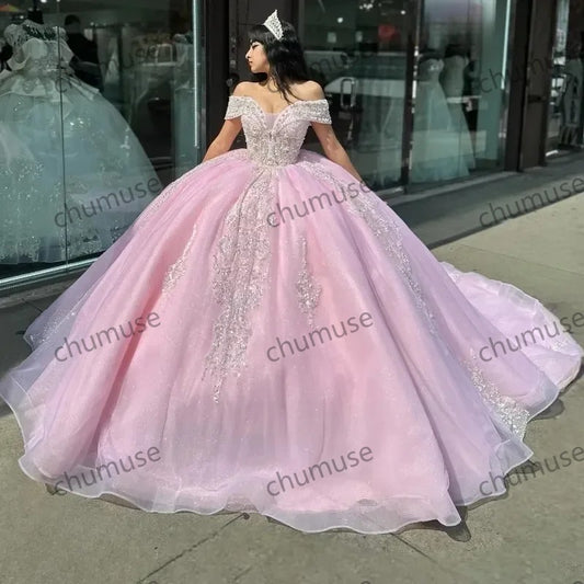 Vestidos de 15 anos com apliques de contas e apliques de quinceanera rosa México, doce aniversário de princesa 