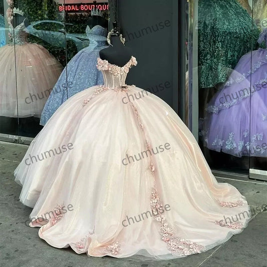Vestidos de quinceañera rosas con apliques de flores 3D para fiesta de cumpleaños y graduación 
