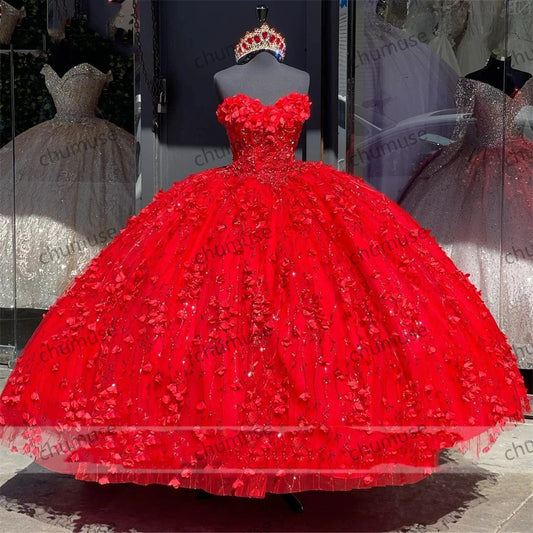 Red Princess Quinceanera Dress With Cape 3D Flowers Birthday Party Dresses