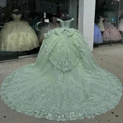 Vestidos de quinceanera verde menta com glitter, apliques, miçangas, laço em camadas, vestido de baile, ombro de fora, festa de aniversário, espartilho personalizado