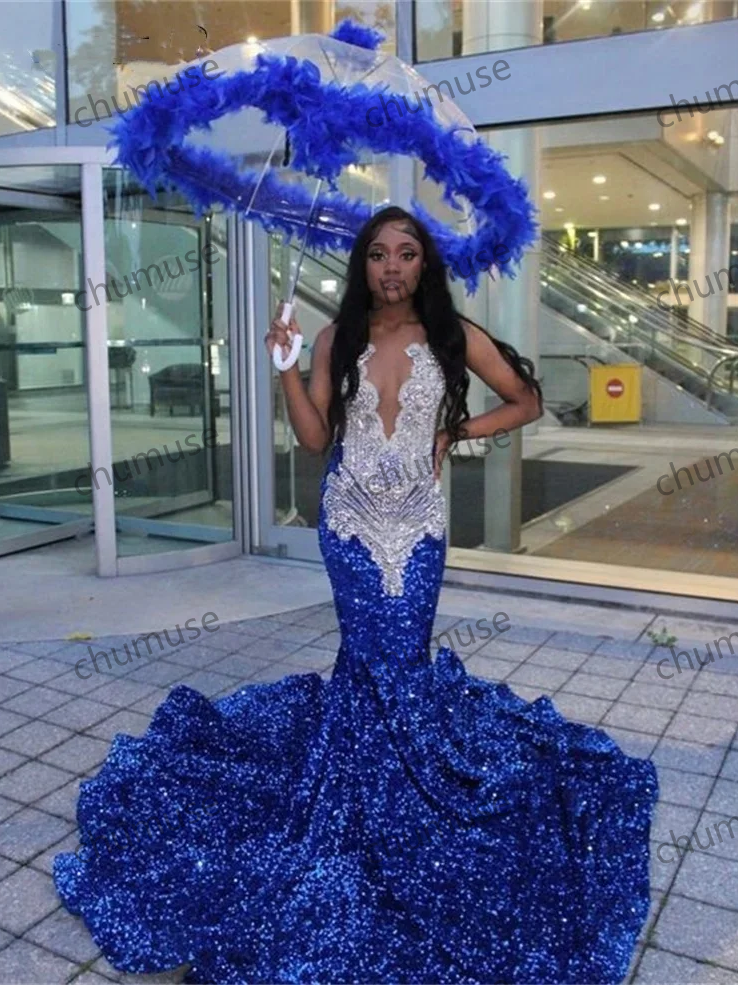 فستان حفلة موسيقية أزرق ملكي مزين بالخرز والكريستال وأحجار الراين والترتر لحفلات أعياد الميلاد 