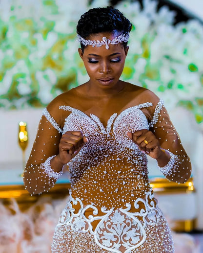 Aso Ebi Plus Size Gold Mermaid Wedding Dresses Lacefull Full Sleeves Lace Crystals Bridal Gowns Dress Vestidos De Novia