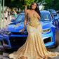 Customized Gold Sequins Mermaid Prom Dress 2025 For Black Girls Crystal Rhinestone Beaded Party Gala Gown Robe De Soiree