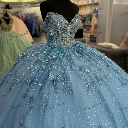 Vestido de baile azul claro com ombros à mostra, vestidos de quinceanera com lantejoulas, renda e contas de cristal