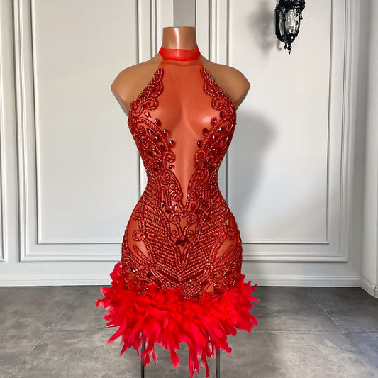 Vestidos de fiesta sexys transparentes con cuello halter, de lujo, con cuentas de diamantes, para mujer, con plumas rojas y negras, minivestidos de fiesta cortos para niñas 