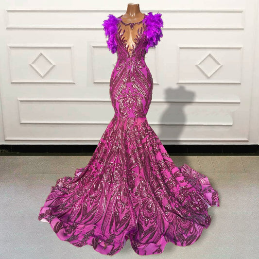 Vestidos de fiesta largos de sirena de lujo para niñas negras con lentejuelas brillantes y plumas, sin espalda, vestido de noche formal para mujer para fiesta de graduación 