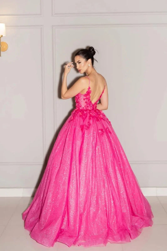 Sweetheart Hot Pink Evening Dresses 3D Floral Tulle Prom Dresses Princess Glitter Wedding Party Dress Customized