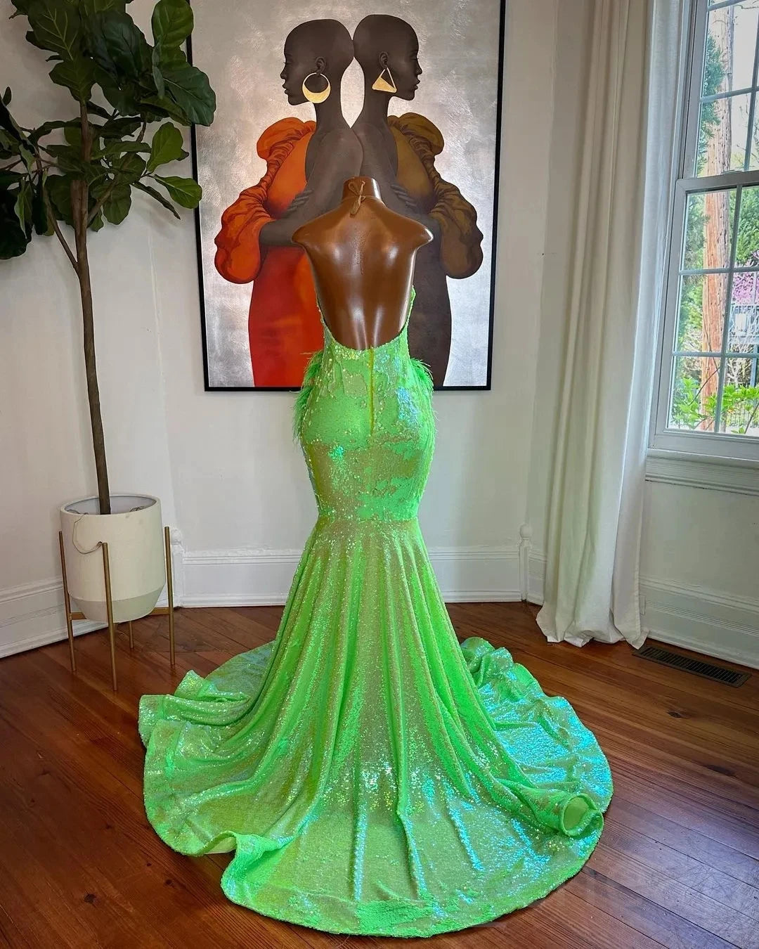 Green African American Prom Dresses Mermaid Sheer Sequins Beaded Black Girls Nigeria Robe De Soiree Evening Gown Customized