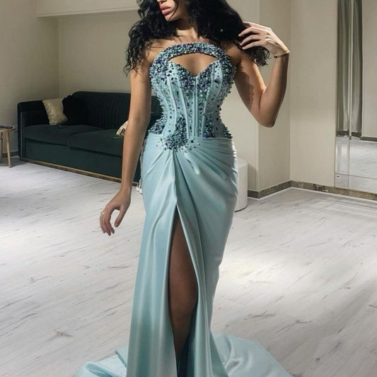 Vestidos de fiesta de novia con escote corazón, sin mangas, con lentejuelas, arrugados, hasta el suelo, para bodas, de lujo, para noche, con cremallera. 