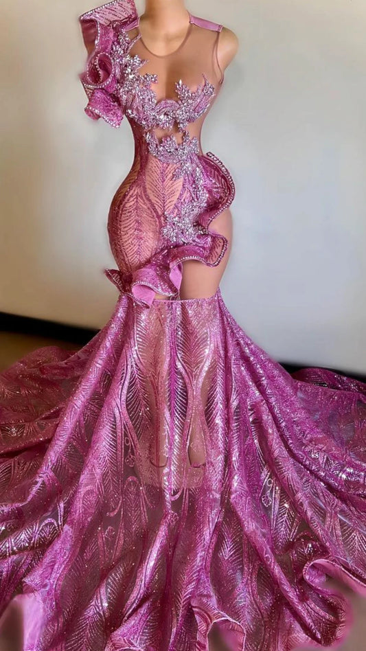 Customized Hot Pink Lace Prom Dresses 2025 Beaded Sheer Neck Wedding Party Formal Evening Gowns For African Women