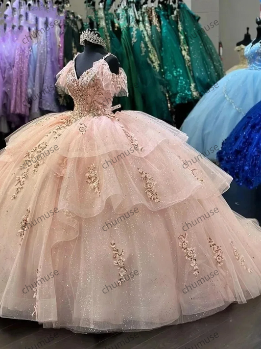 Vestido de baile princesa rosa com contas, vestido de quinceanera, festa de aniversário