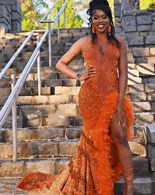 Orange Luxury African Evening Reception Dresses for Women Sparkly Diamond Feather Velvet Slit Prom Gown Black Girl