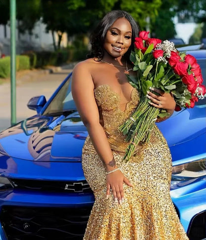 Customized Gold Sequins Mermaid Prom Dress 2025 For Black Girls Crystal Rhinestone Beaded Party Gala Gown Robe De Soiree