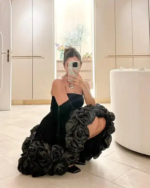 Black Velvet Short Formal Dresses With Handmade Flower Strapless Floral Women Mini Dress Birthday Dress