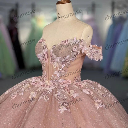 Shiny Pink Quinceanera Dresses Ball Gowns Applique Beads Crystal Tulle Lace-Up