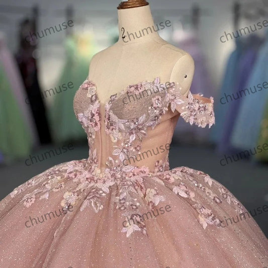 Vestidos de quinceanera rosa brilhantes, vestidos de baile, apliques, contas, cristal, tule, cadarço
