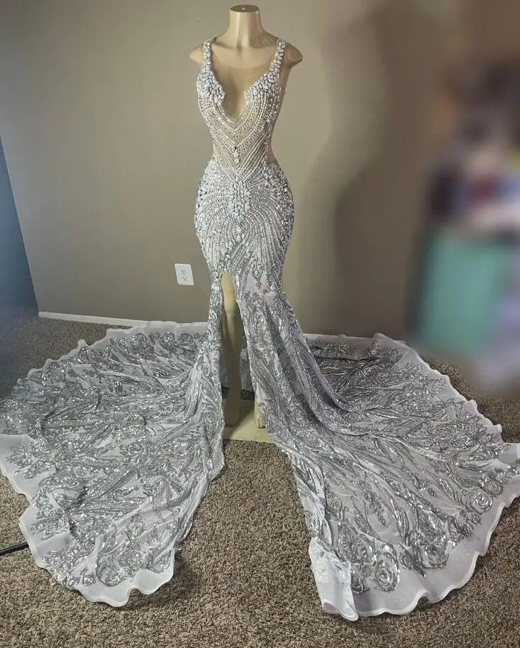 Vestidos de baile sereia com diamantes prateados para mulheres, luxuosos, cristal, lantejoulas, malha transparente, festa de aniversário, vestidos personalizados de gala