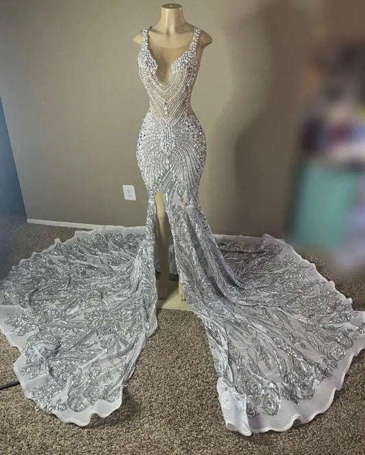Vestidos de fiesta de sirena con diamantes plateados para mujer, de lujo, con lentejuelas de cristal, de malla transparente, para fiesta de cumpleaños, vestidos de gala personalizados