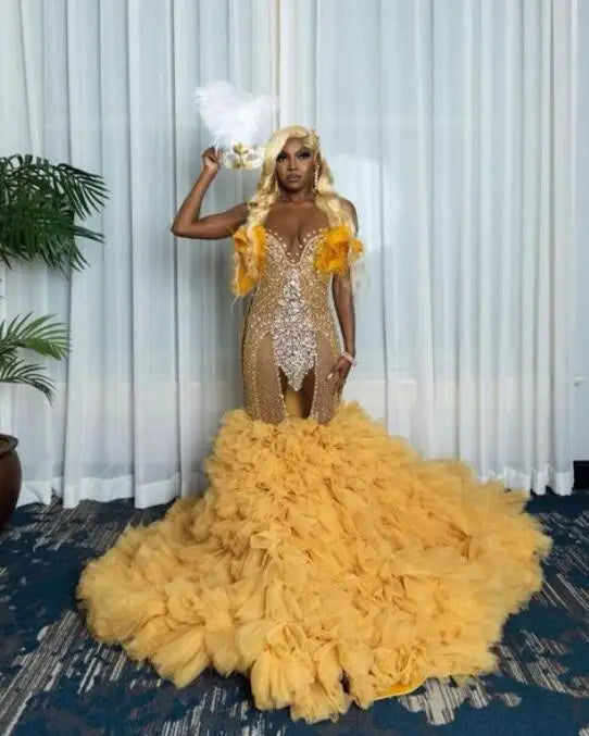 Lindos vestidos de baile sereia, decote transparente, apliques de renda, babados com miçangas, cauda, ​​vestidos de noite sem costas, vestidos formais para mulheres