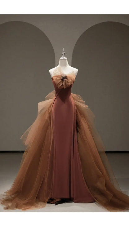 Elegant Strapless Evening Mermaid Formal Maxi Dresses for Women Sexy Prom Guest Cocktail Party Mesh Trailing Long Dress