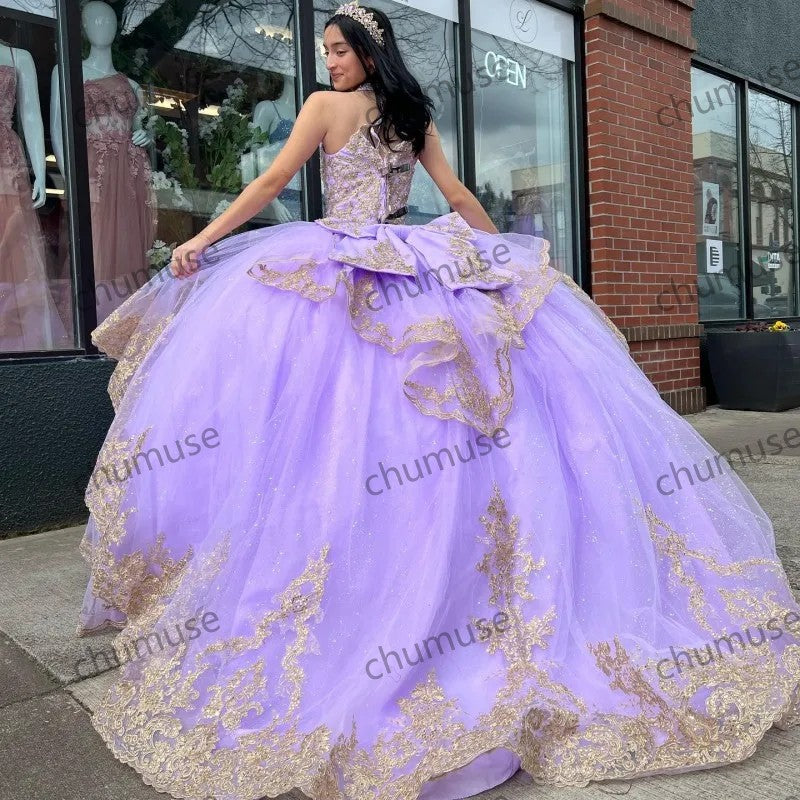Lavender Sweetheart Princess Quinceanera Dresses Ball Gown Gold Lace Appliques