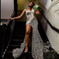 Giltter Gray Mermaid Prom Dresses Sequins Rhinestone Slit Gala Cocktail Party Dress Vestidos De Fiesta Customized