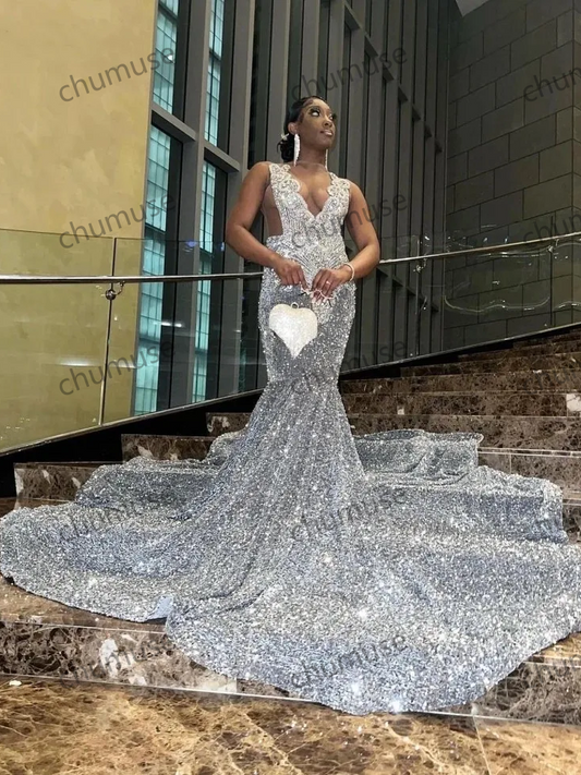 Beading African Black Girls Mermaid Party Gowns Sequin Evening Dress