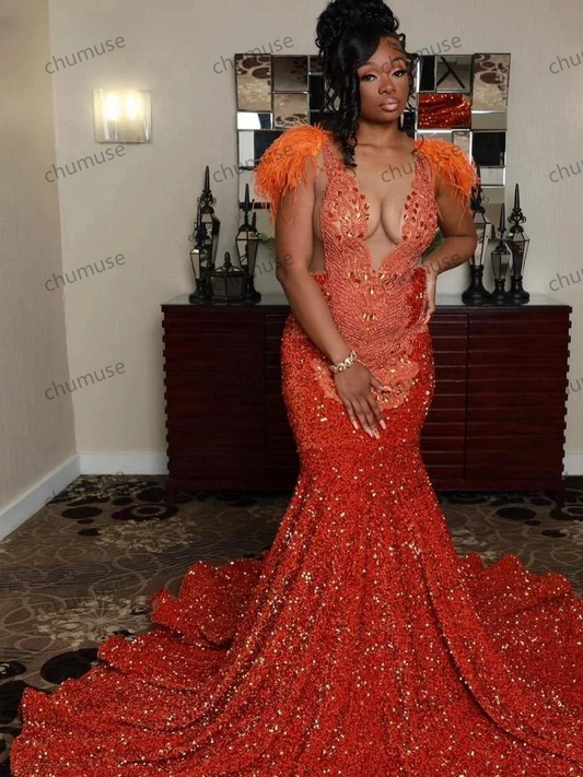 Luxury Sparkly African American Long Prom Dresses For Black Girls Sequins Feather Crystals Women Party Evening Gown Customized