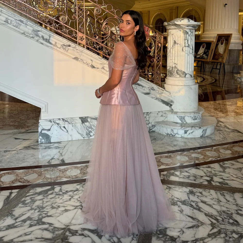 Customized Pink Sequins Mesh Fabric Satin robes de soirée Strapless Evening Dresses Sleeveless A-line Wedding Dress