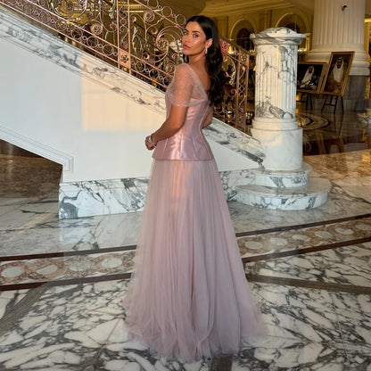 Customized Pink Sequins Mesh Fabric Satin robes de soirée Strapless Evening Dresses Sleeveless A-line Wedding Dress