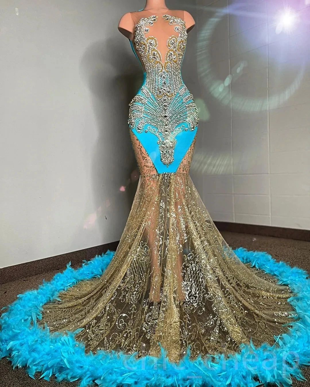Vestidos de fiesta afroamericanos turquesa, sirena, transparente, con cuentas y plumas, para niñas negras, nigerianas, vestido de noche personalizado