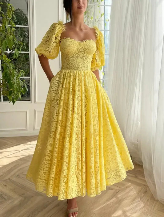 Cocktail Dresses Strapless Yellow Lace Satin Sexy Sweetheart Long Evening Dress Women Elegant Pleat Button Party Prom Dress