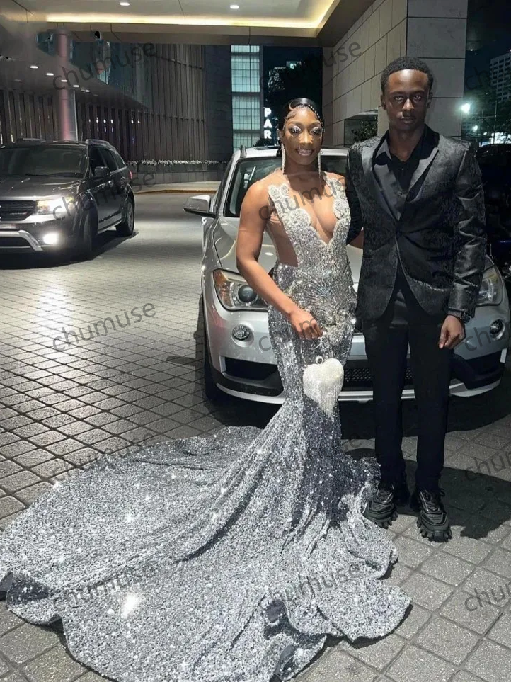 فستان سهرة مزين بالترتر للفتيات الأفريقيات ذوات البشرة السوداء لحفلات حورية البحر 