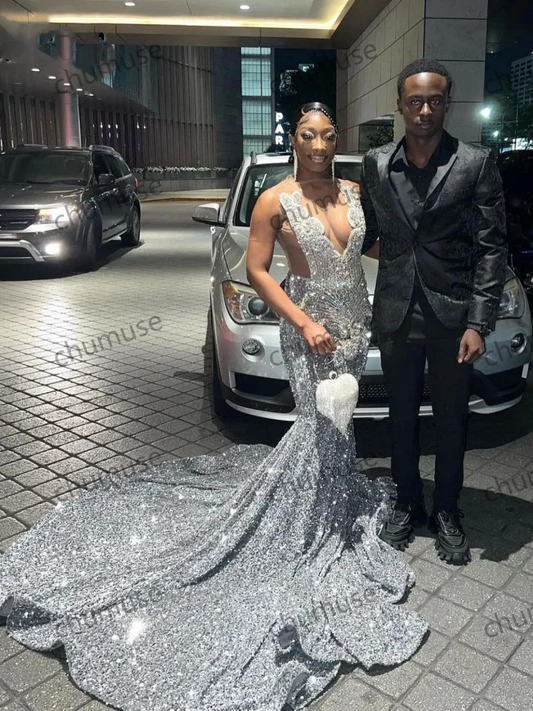 Beading African Black Girls Mermaid Party Gowns Sequin Evening Dress