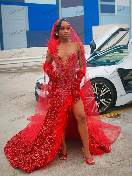 Vestidos de fiesta de sirena rojos sexys para mujer, vestidos de noche con escote redondo y abertura, sin espalda, para niñas africanas, vestidos de fiesta con cuentas, personalizados