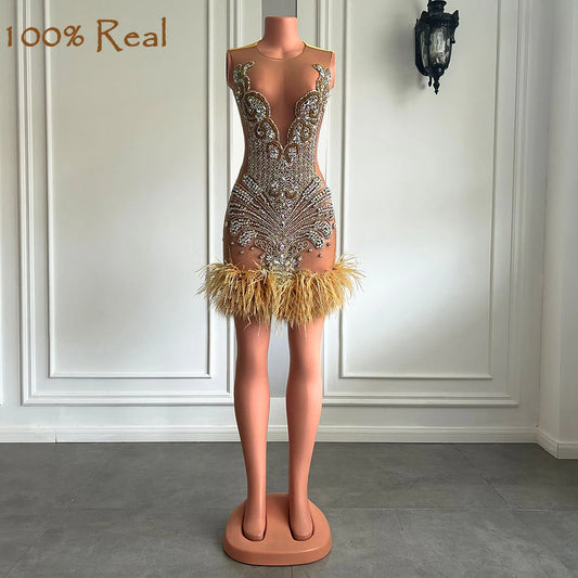 Impresionantes vestidos de fiesta cortos de malla transparente, sexys, transparentes, negros, con plumas de diamante brillantes y dorados, vestidos formales para mujer. 